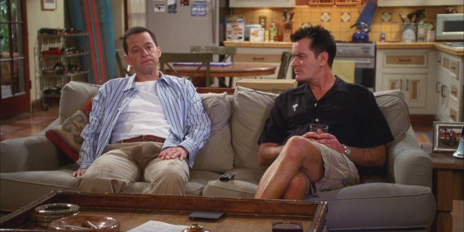 Alan and Charlie sitting on a couch in Two and a Half Men