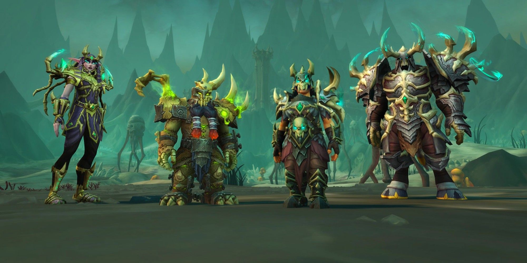 Characters from two Covenants in World of Warcraft: Shadowlands with their Covenant armor