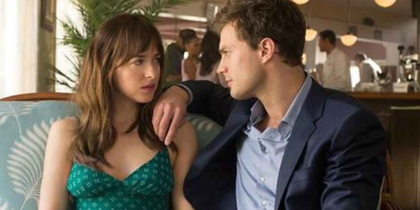 An image of Ana and Christian in an intense conversation in Fifty Shades of Grey