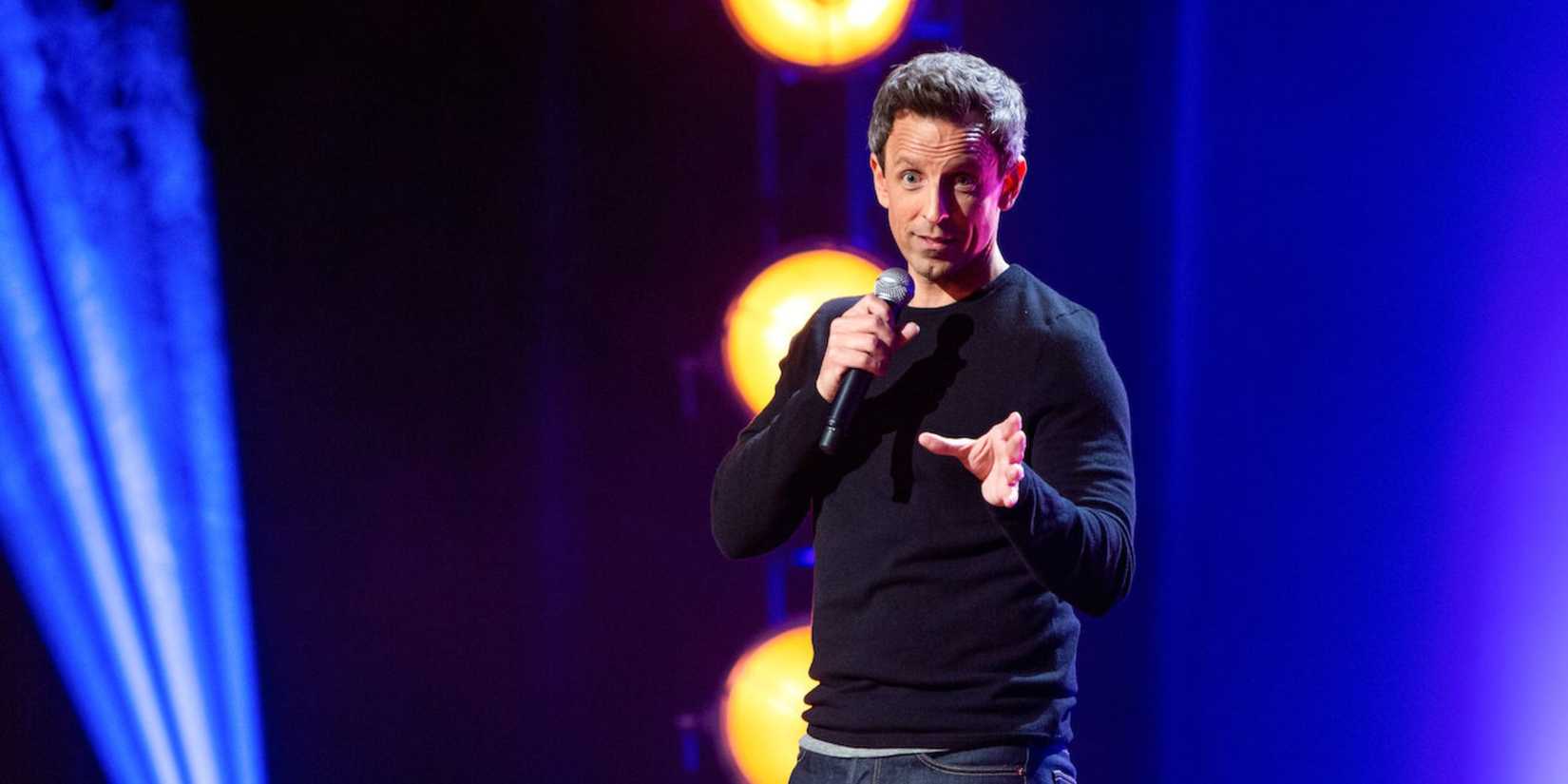 Seth Meyers performing standup comedy in his Lobby Baby Netflix special