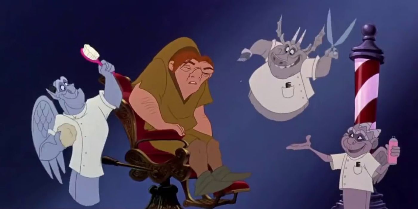 The Hunchback with his friends in a barber's chair from Disney's Hunchback Of Notre Dame