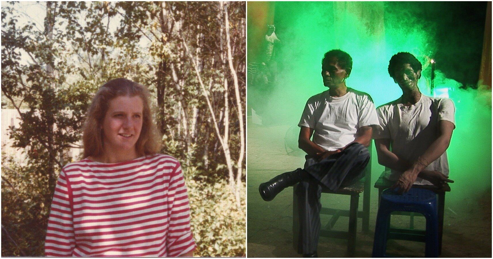 split image of woman and man with green smoke