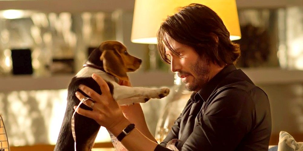 Keanu Reeves as John Wick holding up a dog in John Wick 1