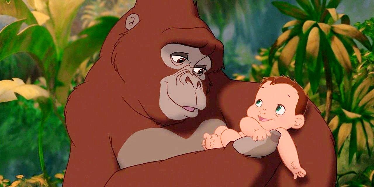 Kala holding a baby Tarzan happily in Disney's Tarzan