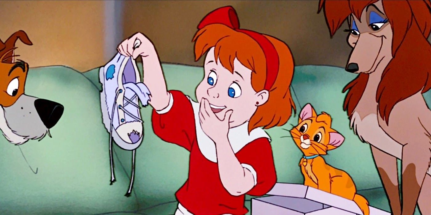  Jenny holding a sneaker surrounded by her pets in Oliver And Company