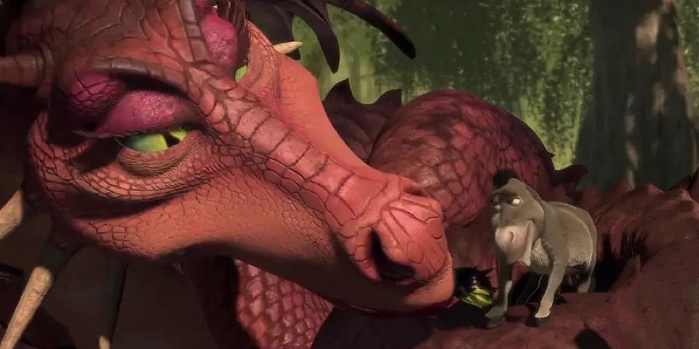 Donkey and Dragon looking at each other longingly in Shrek