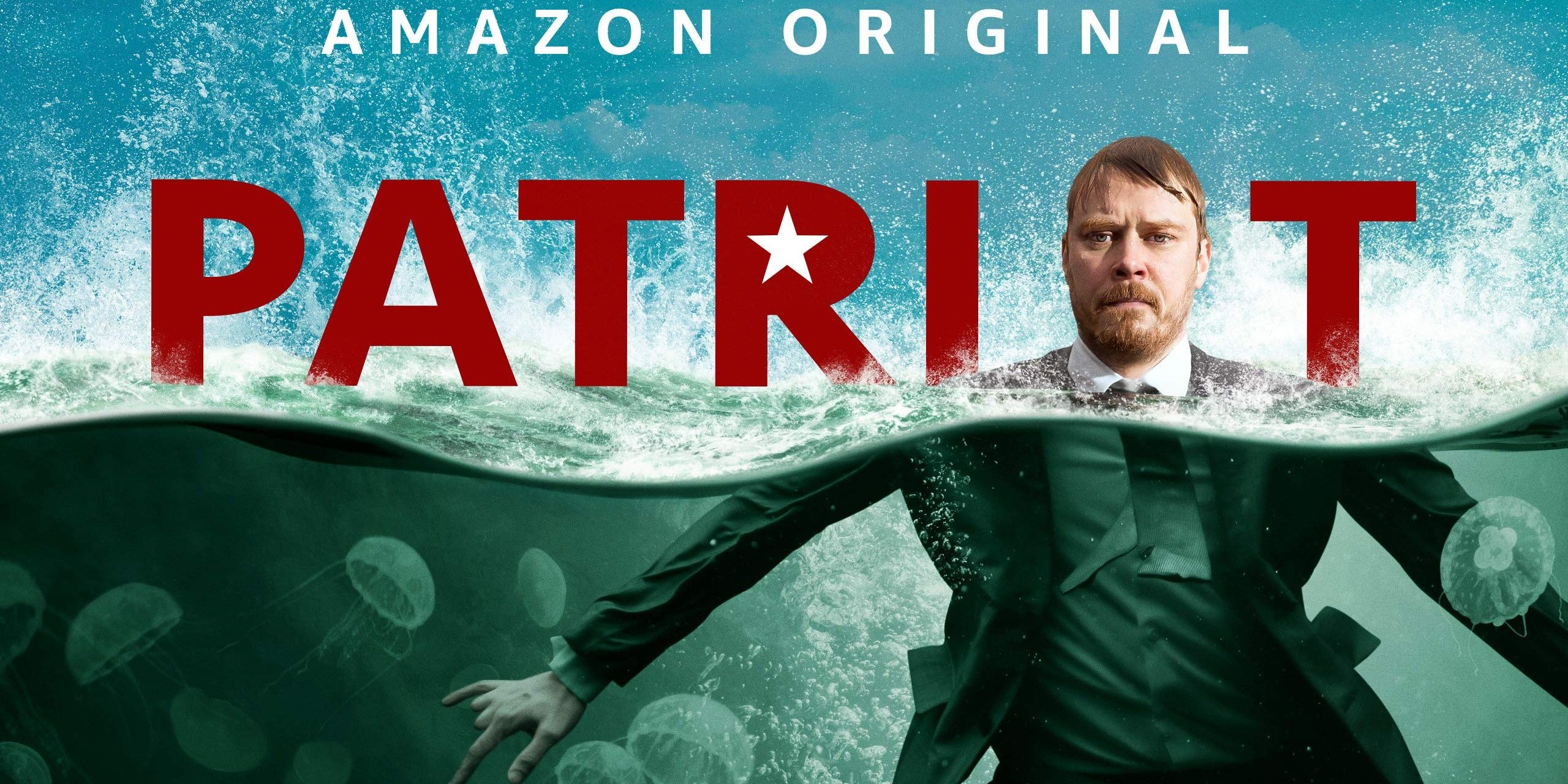 amazon prime series Patriot promotional image man floating in water 