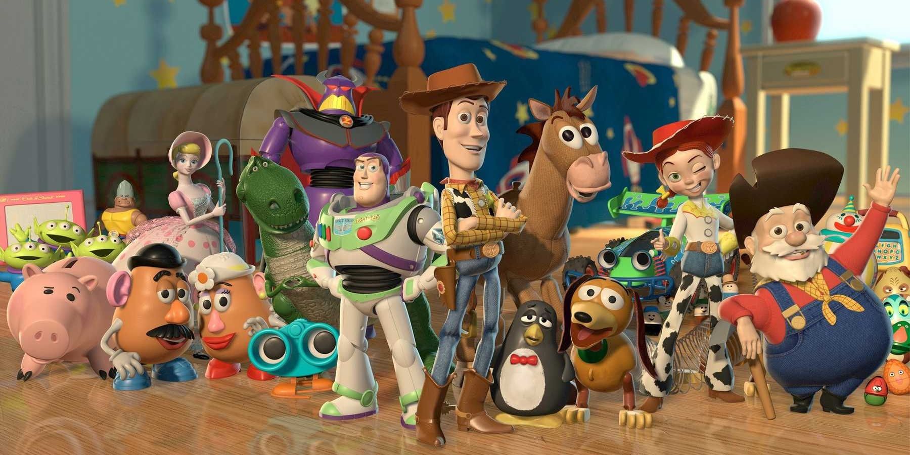 Uma imagem promocional dos brinquedos de Andy em Toy Story