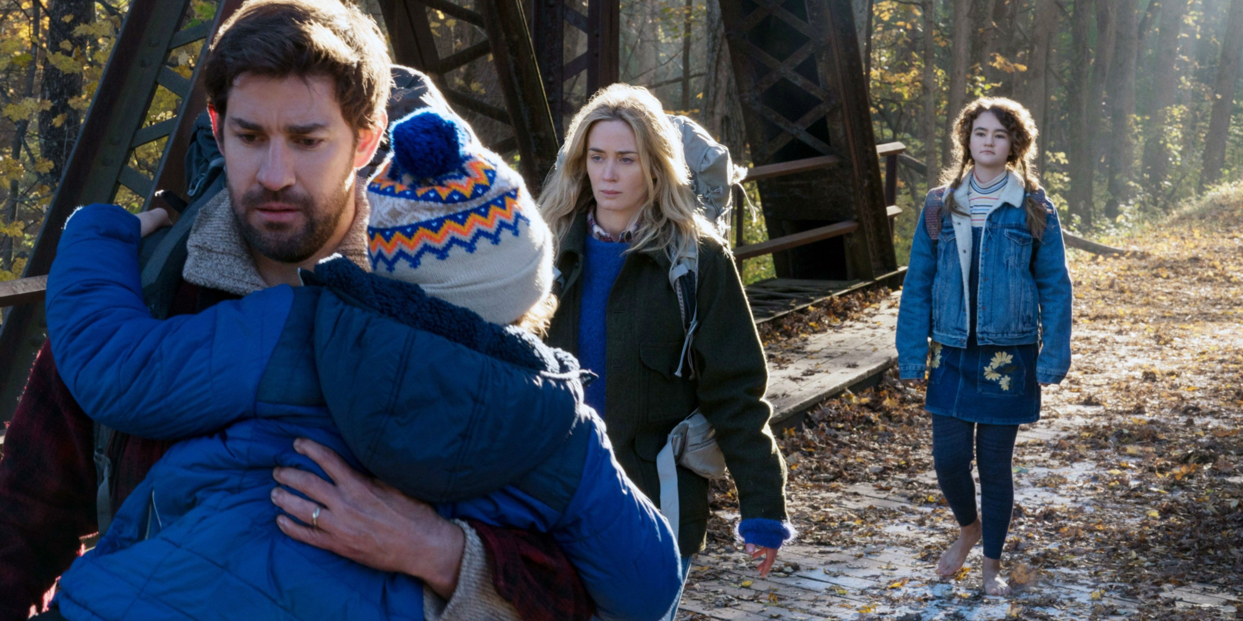 A family escapes in the woods in A Quiet Place.
