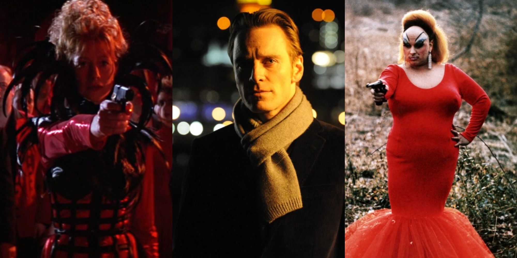 A collage of Michael Fassbender in Shame flanked by Helen Mirren in The Cook, The Thief, His Wife &#038; Her Lover and Divine in Pink Flamingos both pointing guns toward him