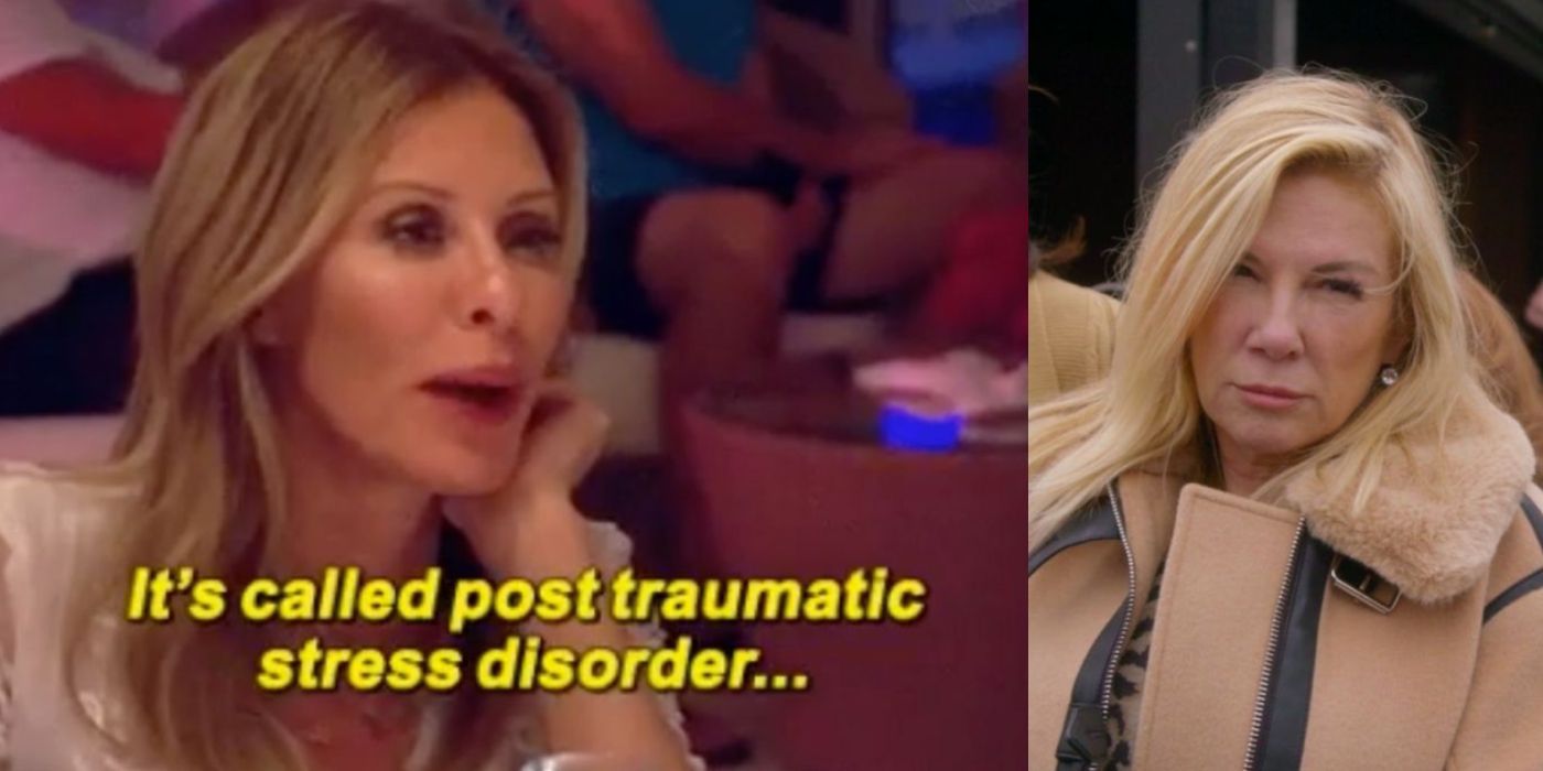 A split image of Carole telling Ramona what PTSD is on RHONY
