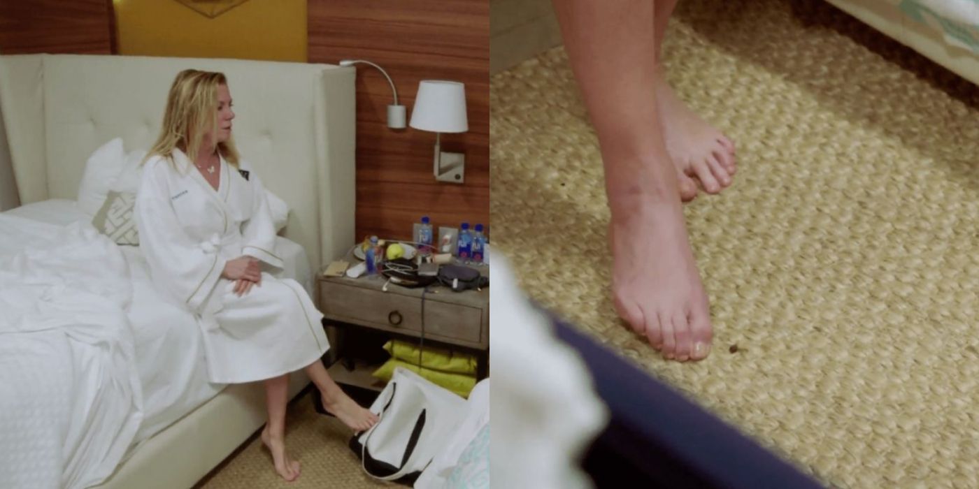 A split image of Ramona sitting in the hotel room with something on the floor on RHONY