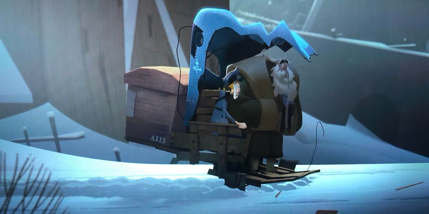 Klaus and Jesper ride on their sleigh in Klaus