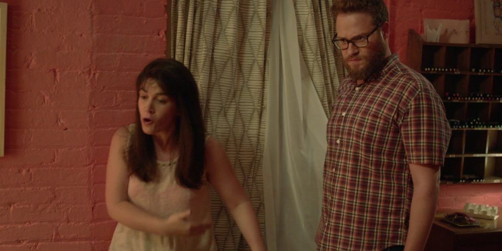 Abbi and Male Stacey (Seth Rogen) getting angry at a kitten in Broad City