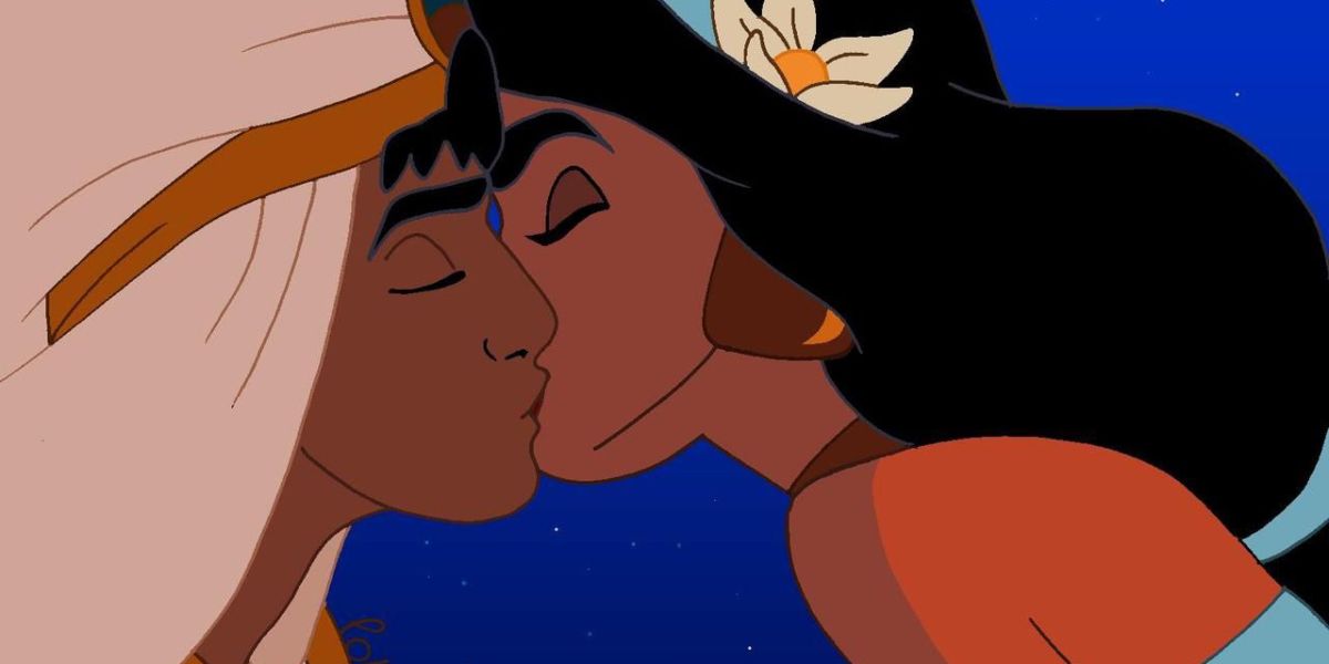 Aladdin and Jasmine kiss in Disneys Aladdin