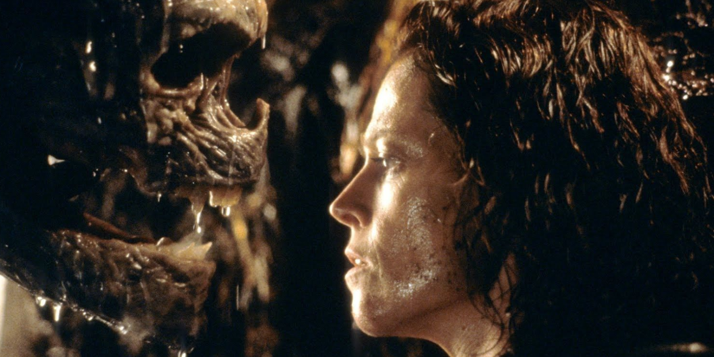 Ellen Ripley face-to-face with the alien baby Alien Resurrection