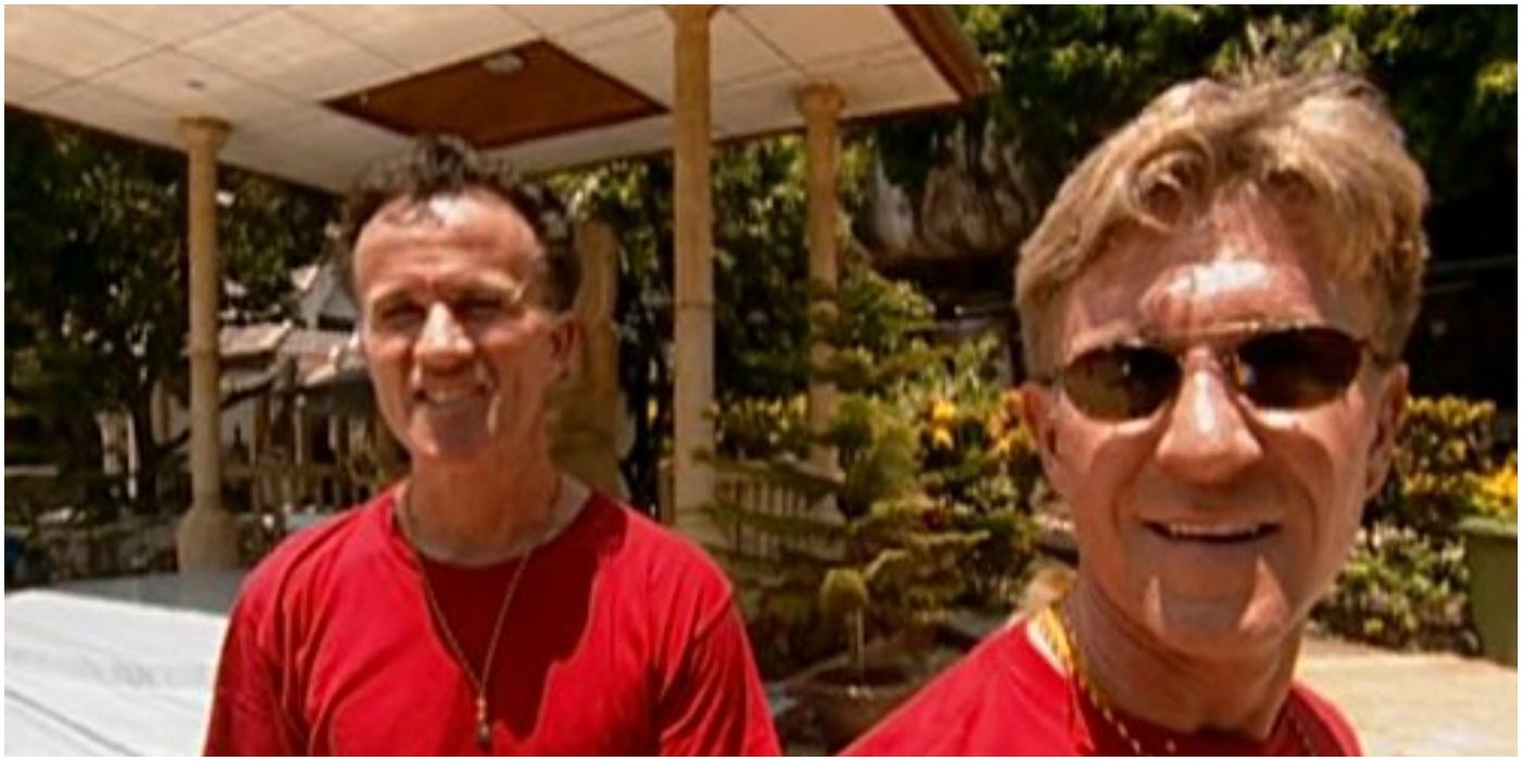 Amazing Race Joe and Bill dressed in red shirts