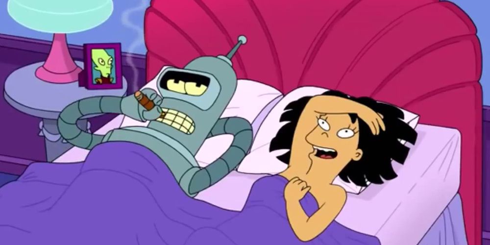 Bender lays in bed smoking a cigar next to Amy Wong