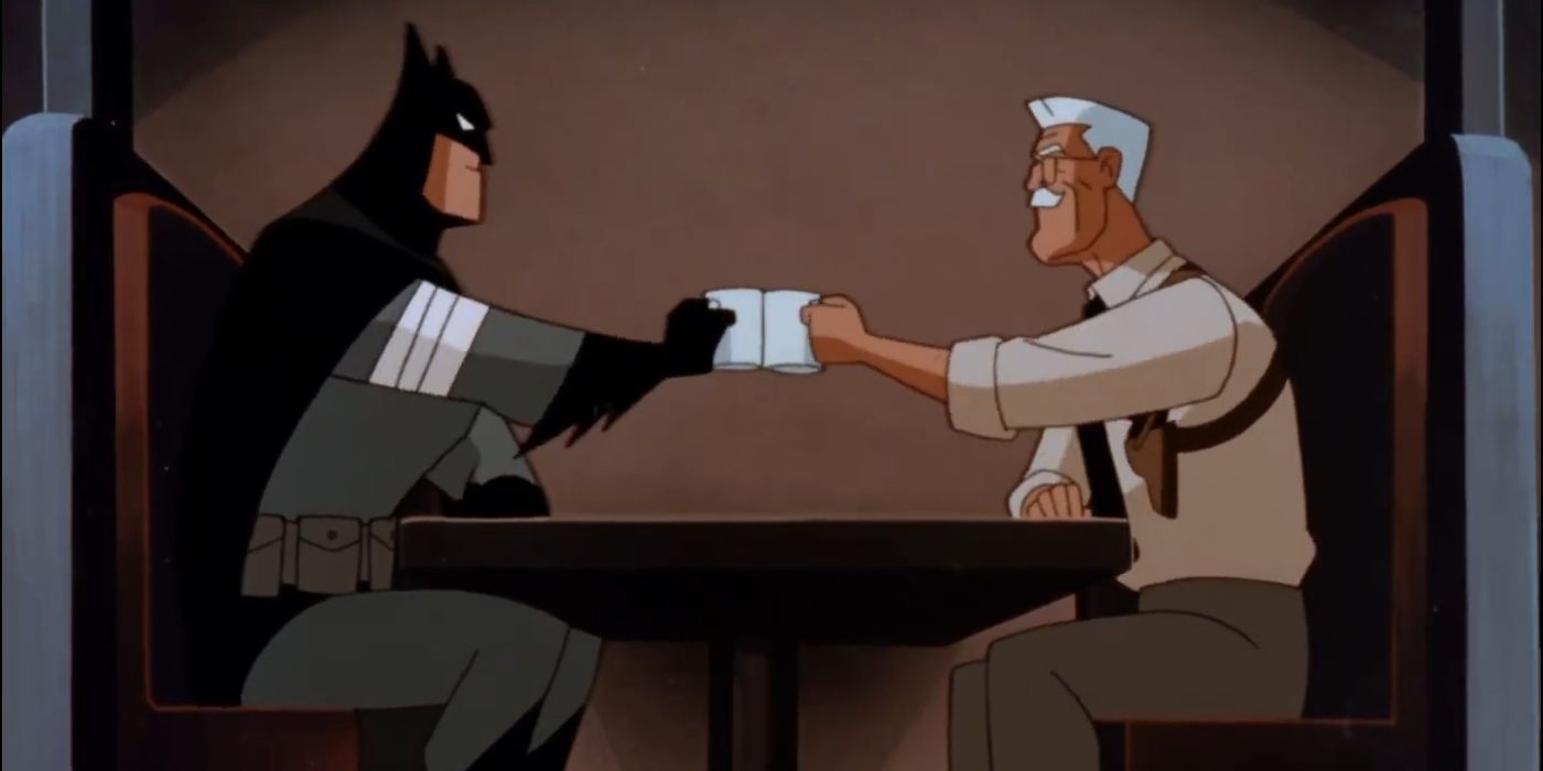 Batman e Gordon tomando uma xícara de café em Holiday Knights of The New Batman Adventures