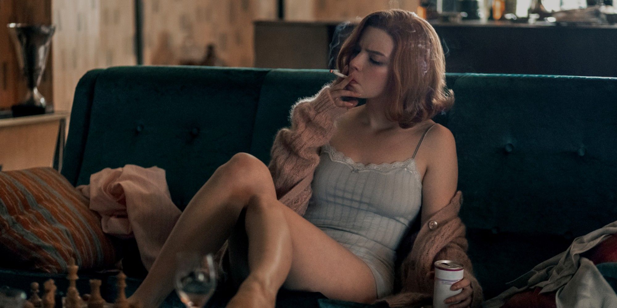 Anya Taylor-Joy as Beth, smoking in Queen's Gambit.