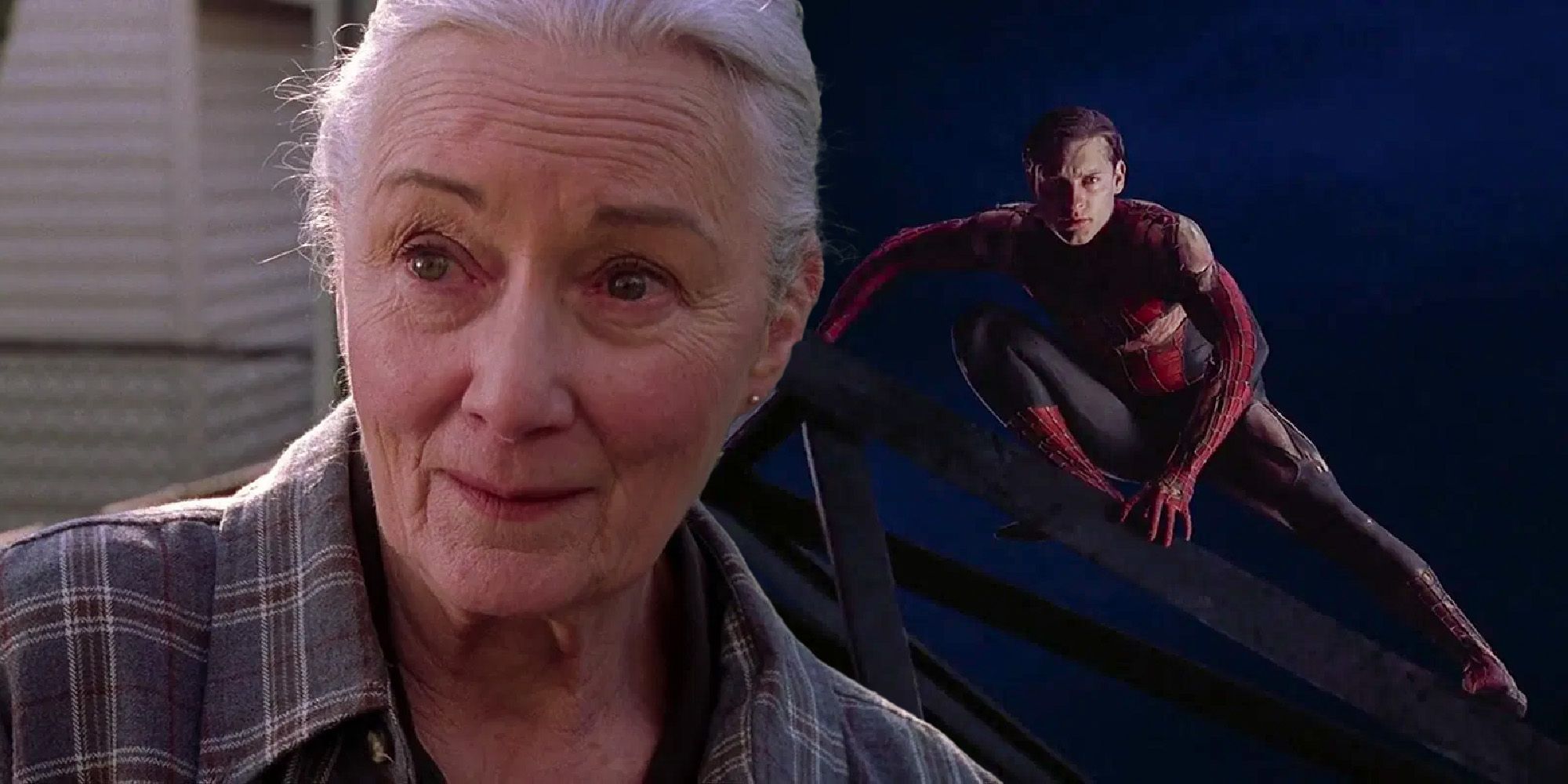 A split image of Aunt May looking serious and Spider-Man sitting on a crane 