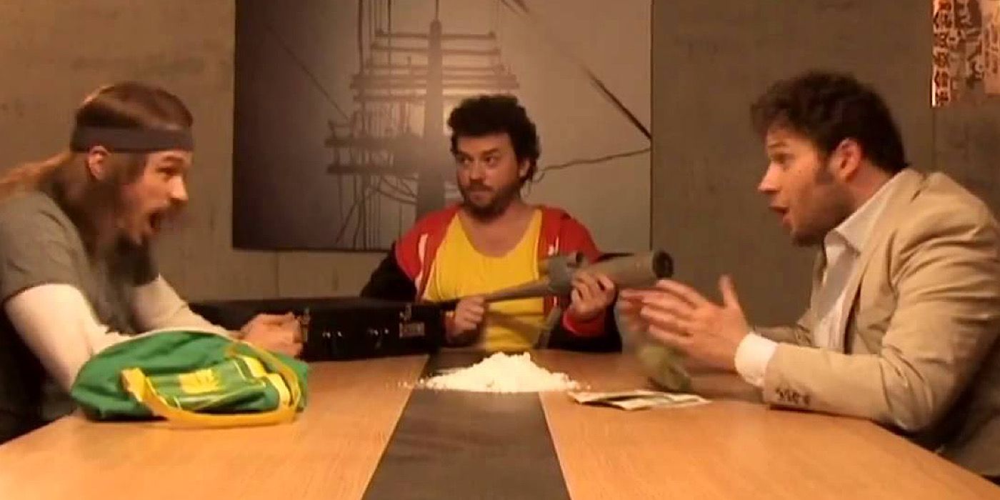 James Franco, Danny McBride, and Seth Rogen talking in This is the End