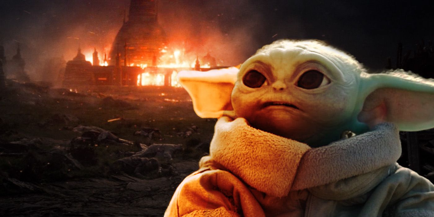 Baby Yoda Grogu Luke Jedi Temple Fire