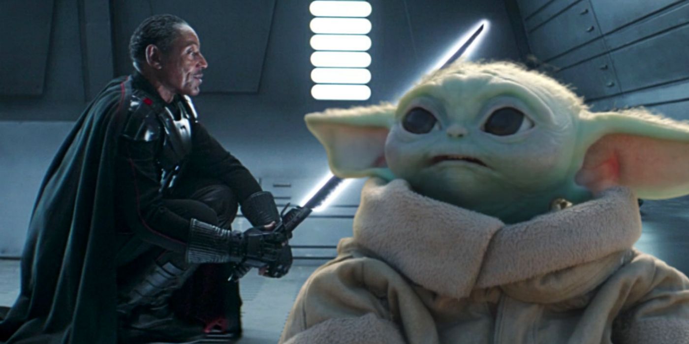 Baby Yoda and Moff Gideon with Darksaber in The Mandalorian