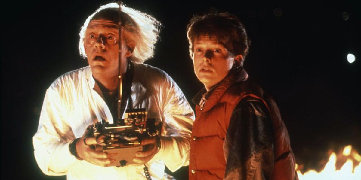 Marty and Doc Brown stare in shock in Back To The Future