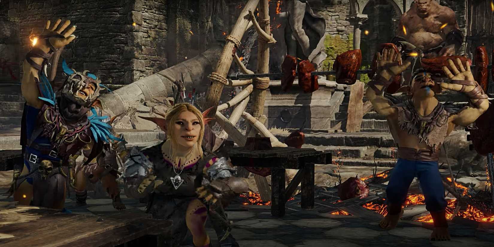 Goblins celebrate with food and drinks at their camp in Baldur's Gate 3.