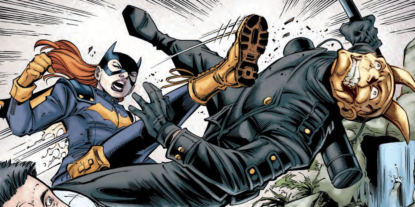 Batgirl kicking Grotesque in the face in DC comics.