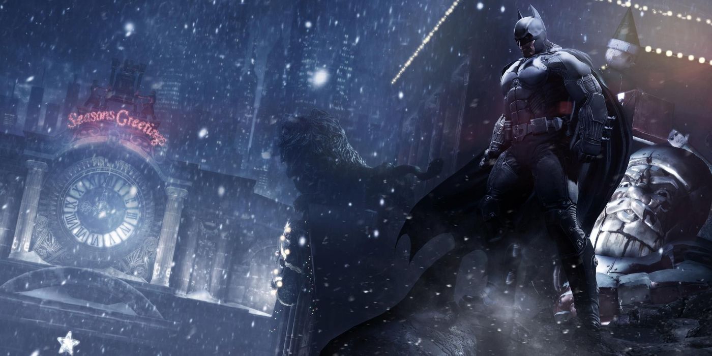 Batman brooding over the wintery Gotham in Arkham Origins