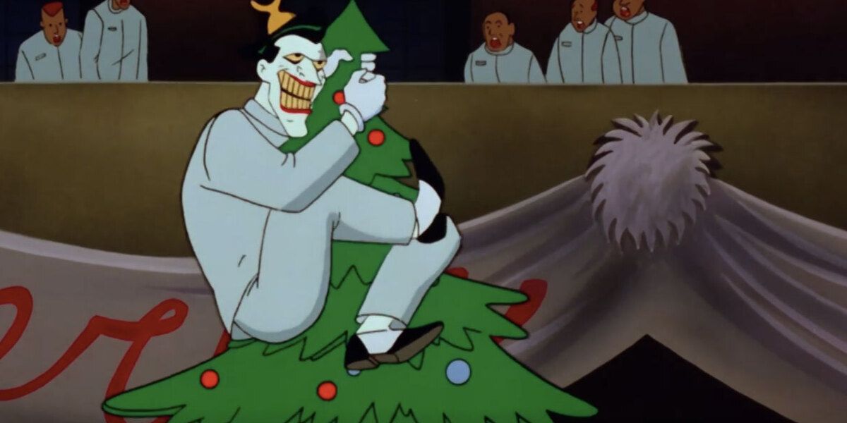 The Joker grinning on a Christmas tree in Batman: The Animated Series