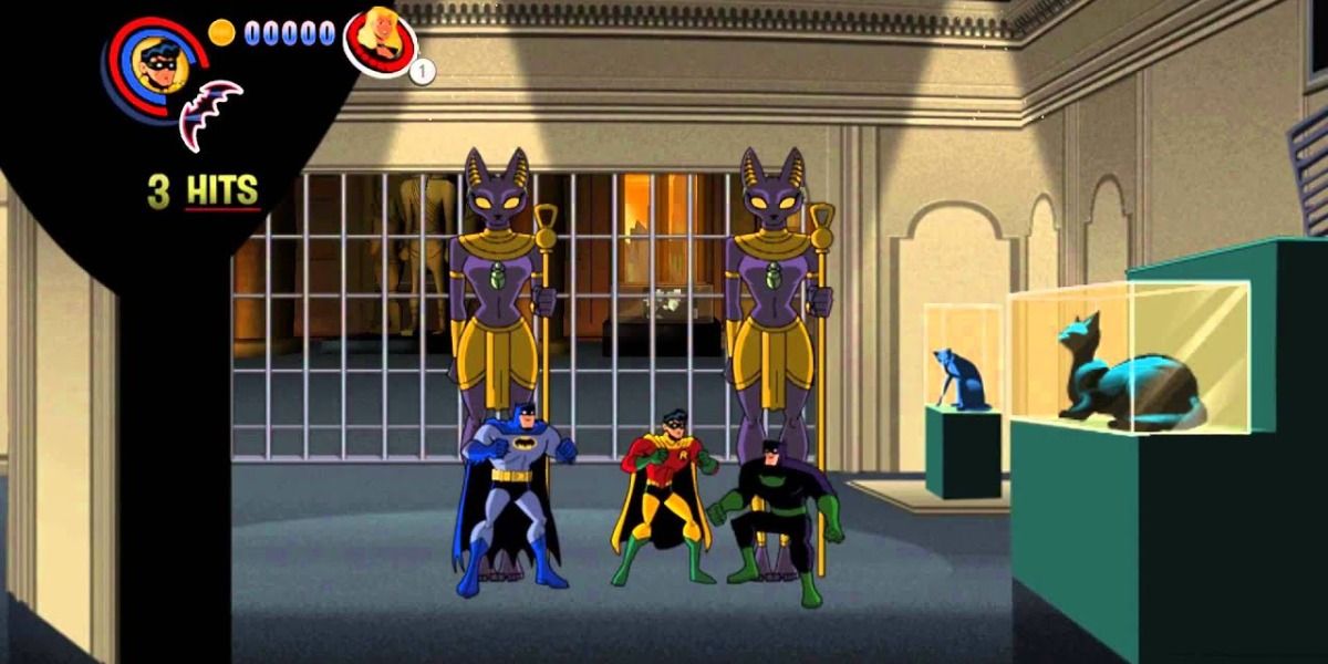 Batman and Robin fighting an enemy inside a museum in Batman: The Brave and the Bold video game