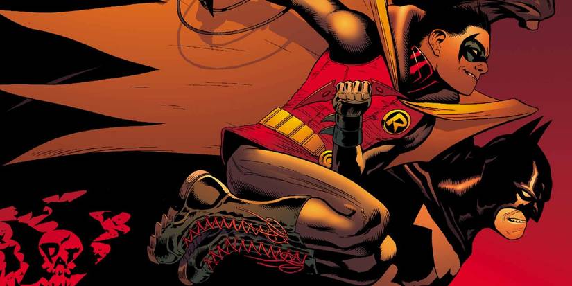 Batman and Robin Damian Wayne charging forward in DC comics