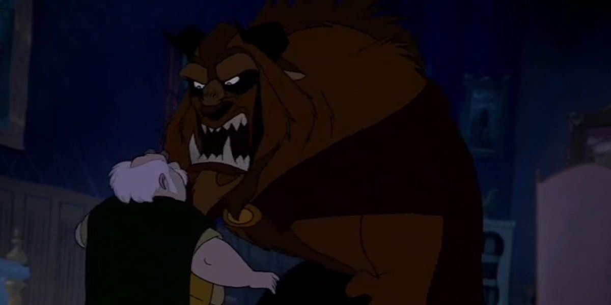 Beast attacking Maurice in Beauty and the Beast 