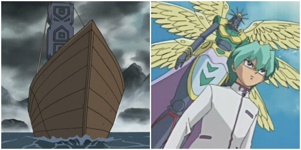 Split image depicting Shinato's Arc and Shinato King of a Higher Plane during Noah's duel against Yugi