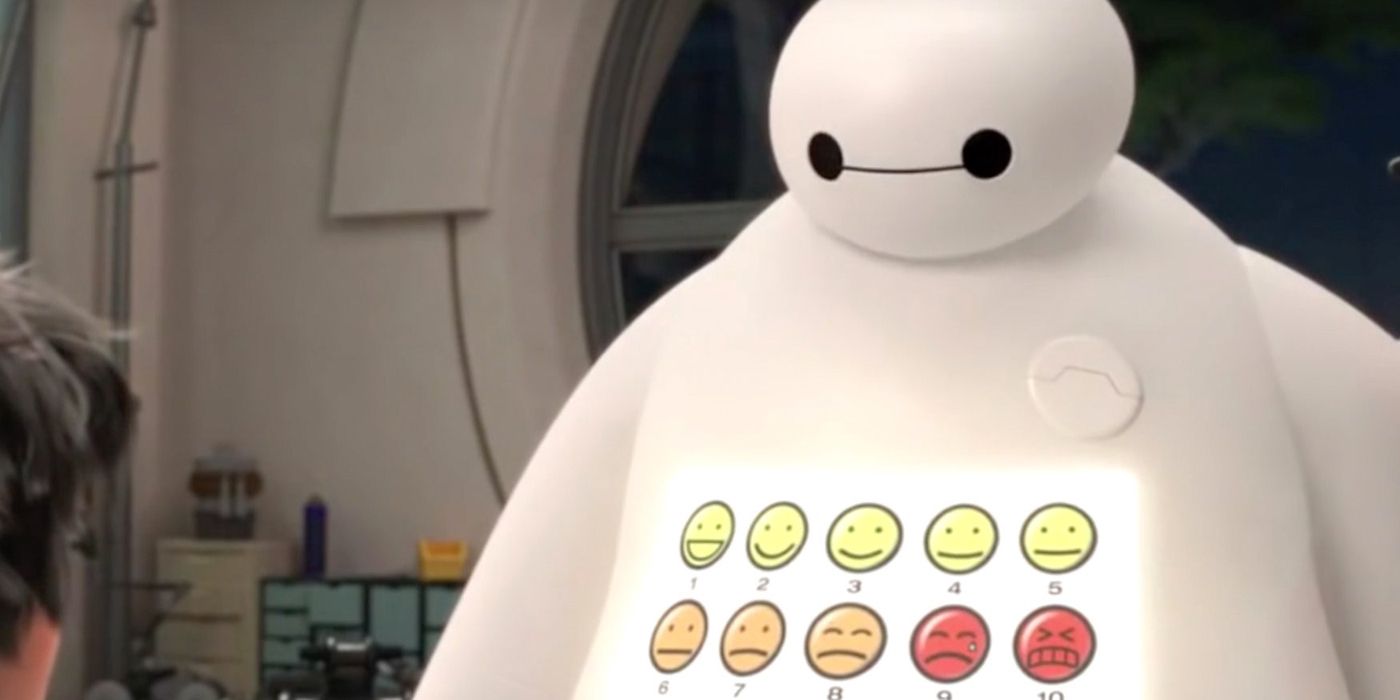 Baymax standing with different face emojis projecting on his belly