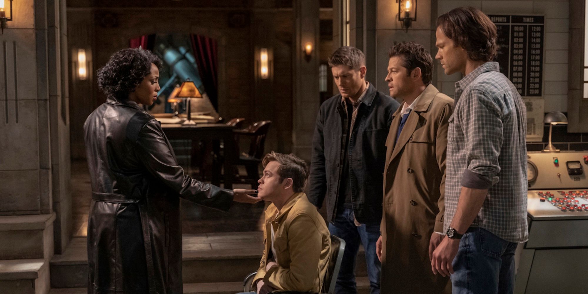 Billie, Jack, Dean, Castiel and Sam in Supernatural