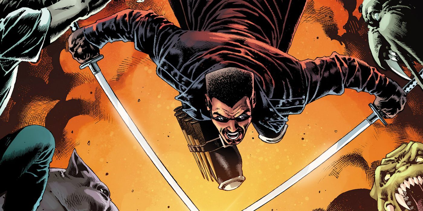 Blade attacks with swords in Marvel Comics.