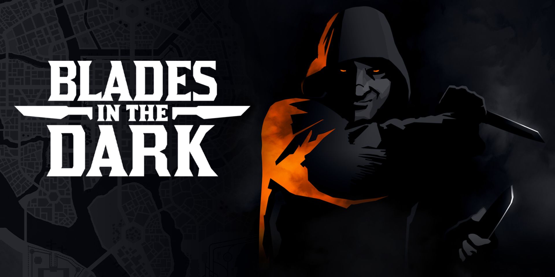 Blades In The Dark title on left with drawn assassin character in a hood carrying knives on right