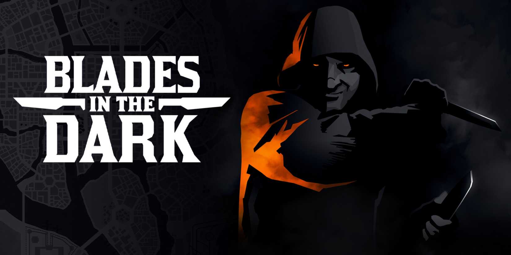 Blades In The Dark title on left with drawn assassin character in a hood carrying knives on right