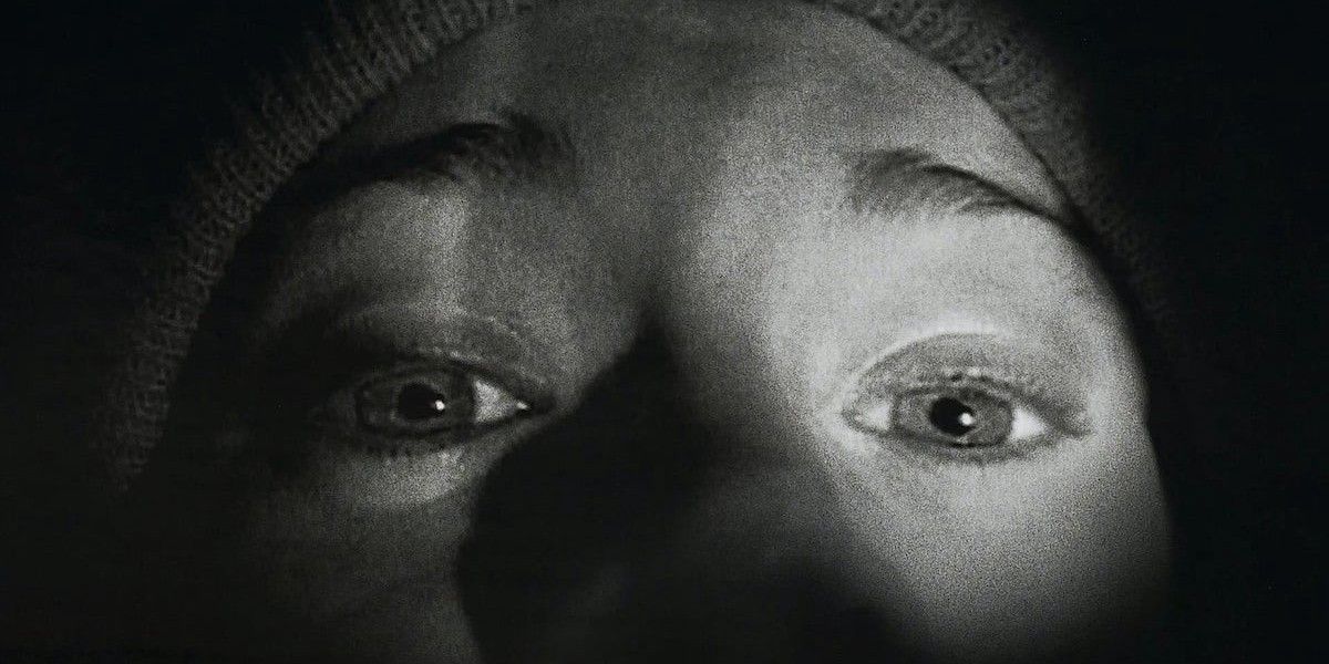 Close-up of Heather's face in The Blair Witch Project.