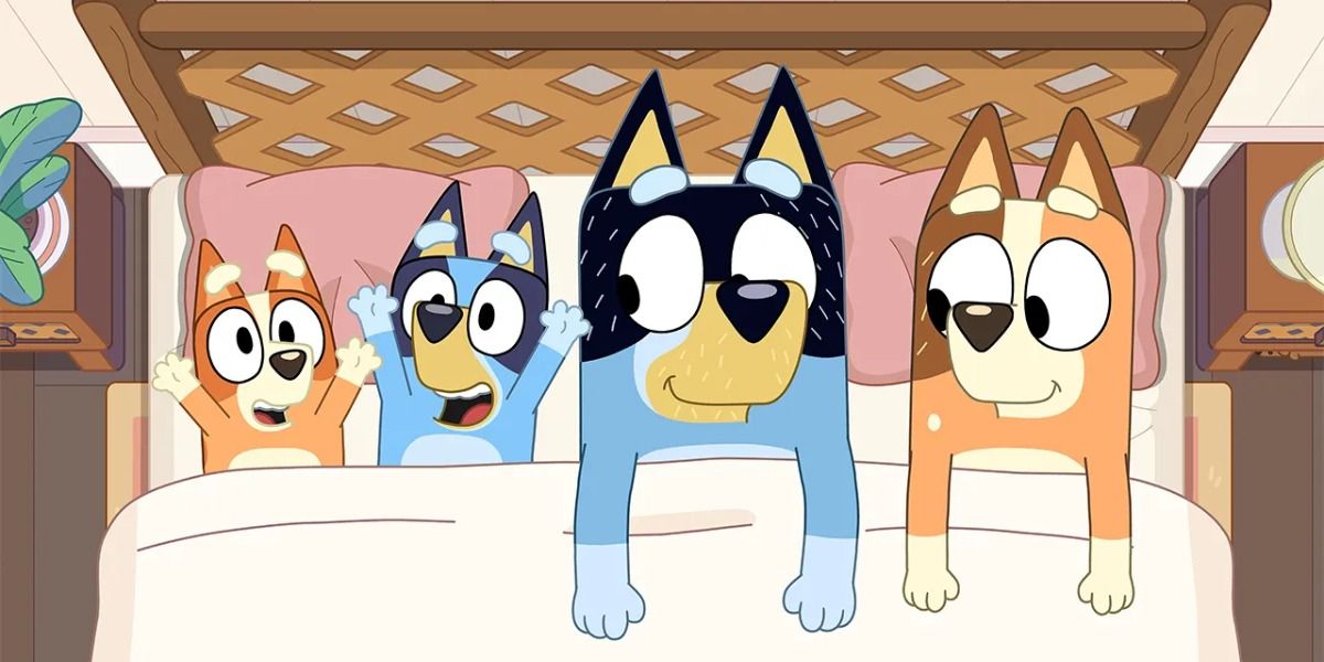 Characters from Bluey lying in bed