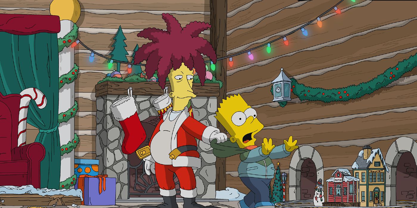 Sideshow Bob vestido de Papai Noel e Bart gritando em Os Simpsons
