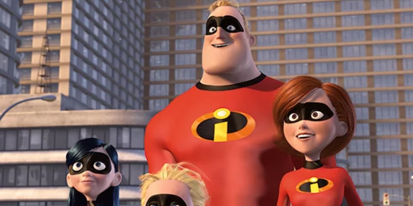 The Parr Family dressed in their superhero outfits in The Incredibles