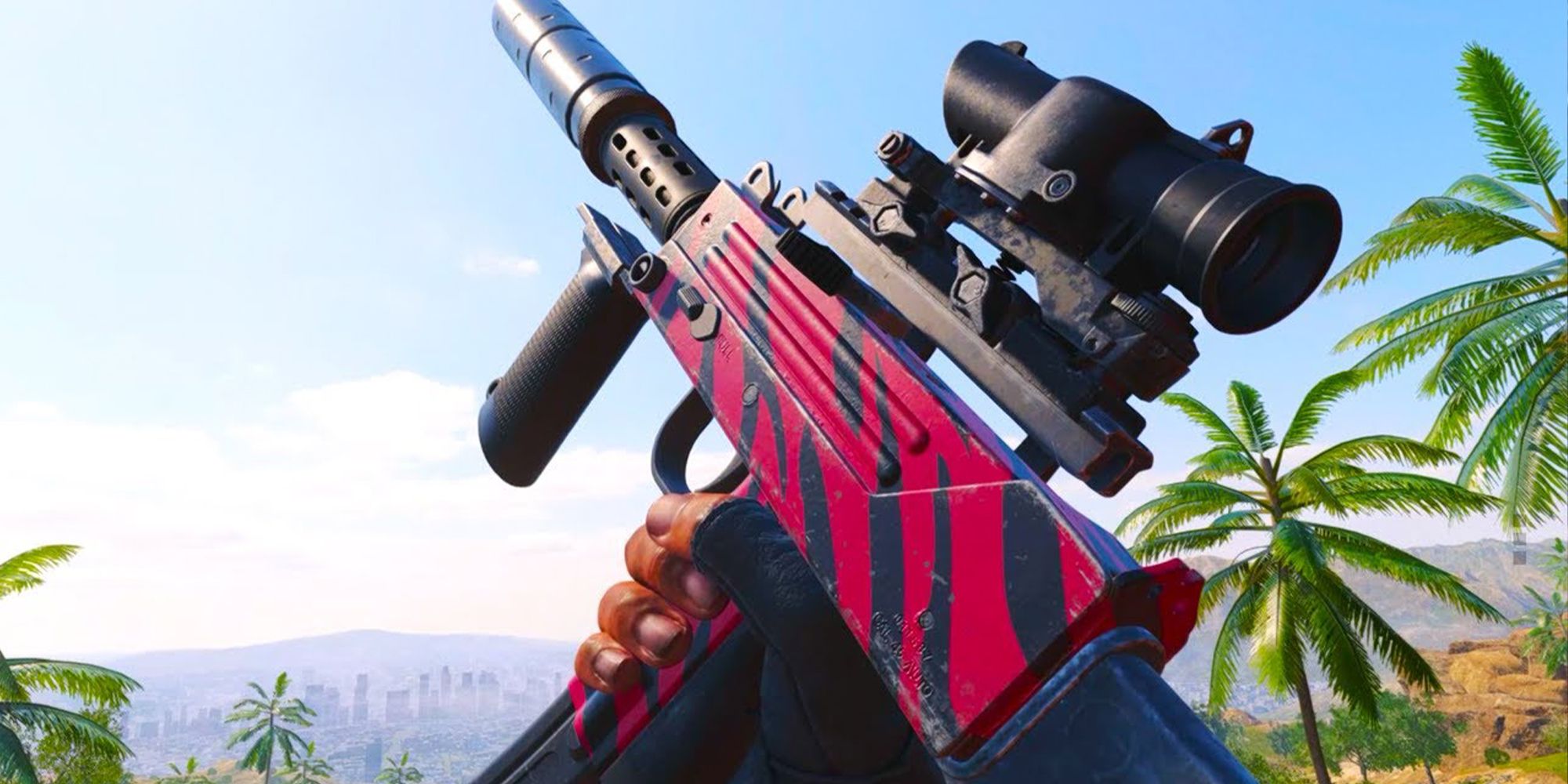 Character pointing the Mac 10 towards the sky