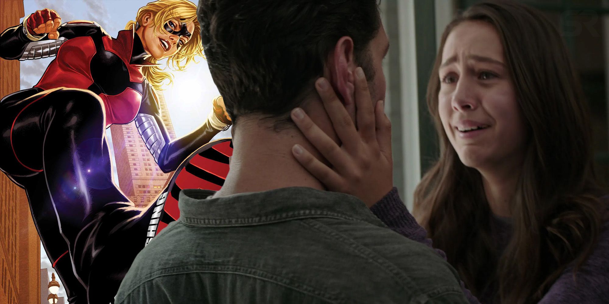 A blended image features the Marvel comic book hero Stature alongside Scott and Cassie Lang reuniting in Avengers: Endgame in the MCU