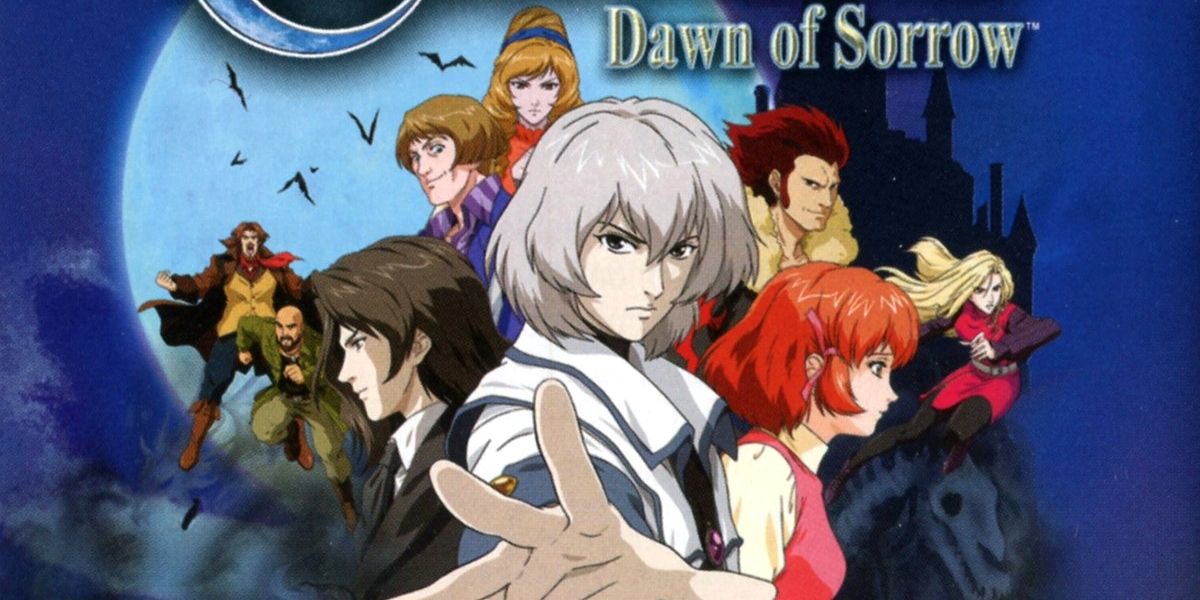 Castlevania Dawn of Sorrow title card with every major character