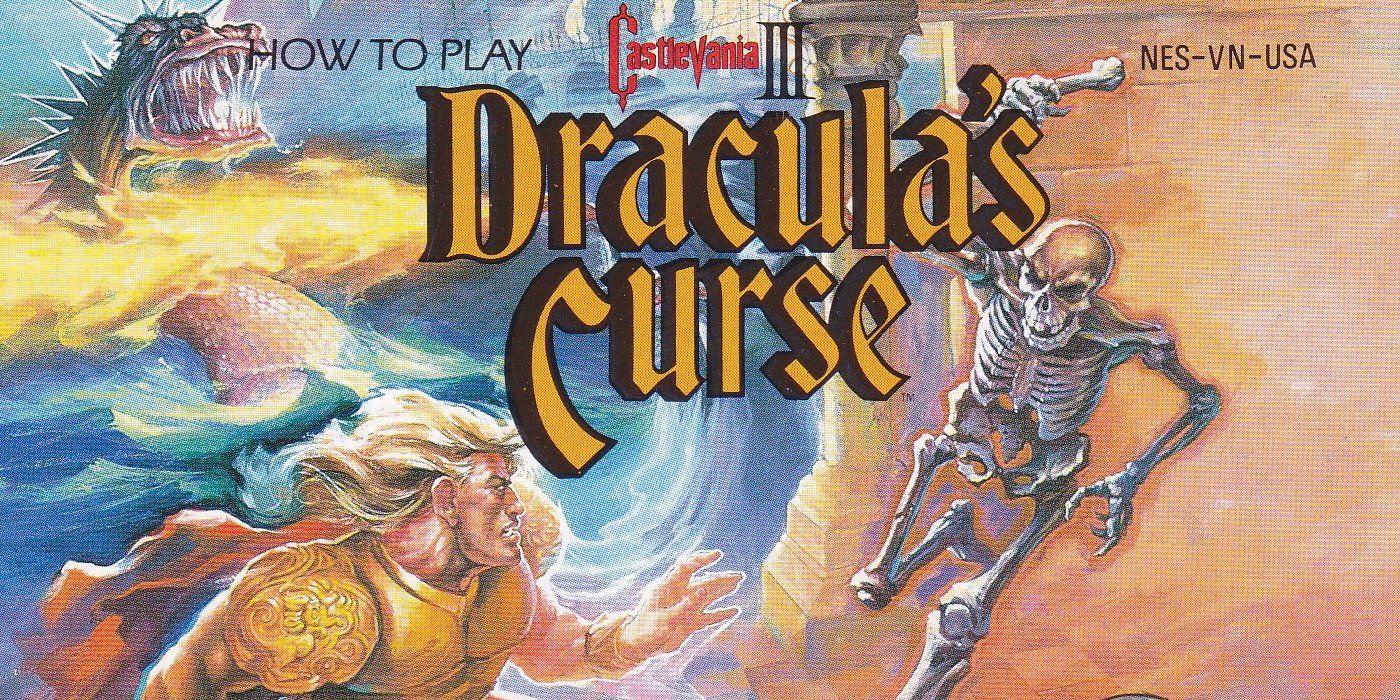 Castlevania III Draculas Curse title image with Trevor Belmont facing a Skeleton.
